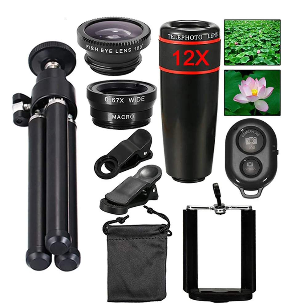 

Kogngu Universal Camera Lens Kit 12X Zoom Lens For Smartphone Telephoto Lens Wide Angle Fish Eye Macro Lens + Tripod Self Stick