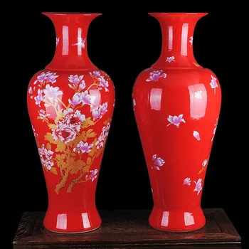 

Jingdezhen ceramic vase China landing large red gold peony flowers hotel restaurant and living room decoration