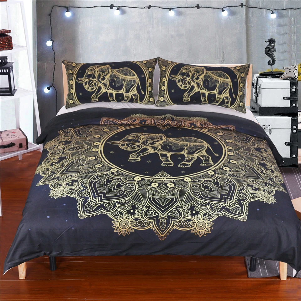 3D Tribal Elephant Bedding Set Golden Mandala print Ethnic ...