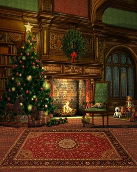 

Christmas background 5x7 photographic background fireplace decoration bookshelf christmas tree cat and bear studio background