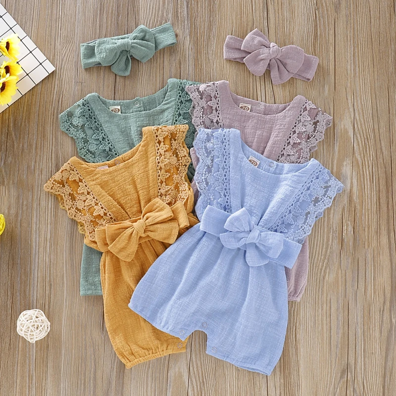 Meninas do Bebê Headband plus Romper Conjunto de Roupas de Bebê Roupas Crianças Romper Bodysuit Verão 0 24 m 7 Bebê meninas bodysuit roupas de verão crianças