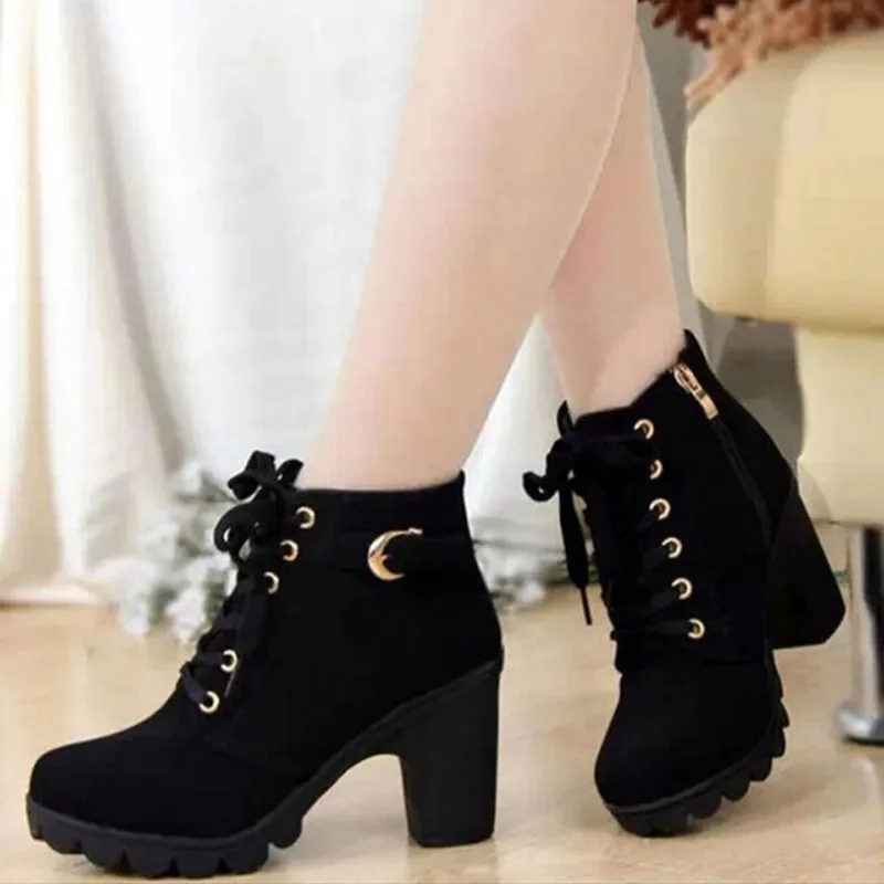 Vente Femmes Chaussures botas mujer 2018 Hiver Femmes Bottes À Talons Hauts Qualité PU Boot Femmes CottonZip Bout Rond Laceup Bottines pour les Femmes