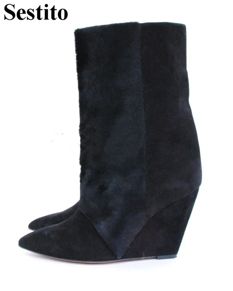 

2018 Concise Black Flock Autumn Winter Boots Woman Pointed Toe Super High Wedges Mid-Calf Boots Women Slip-on Casual Women Shoes