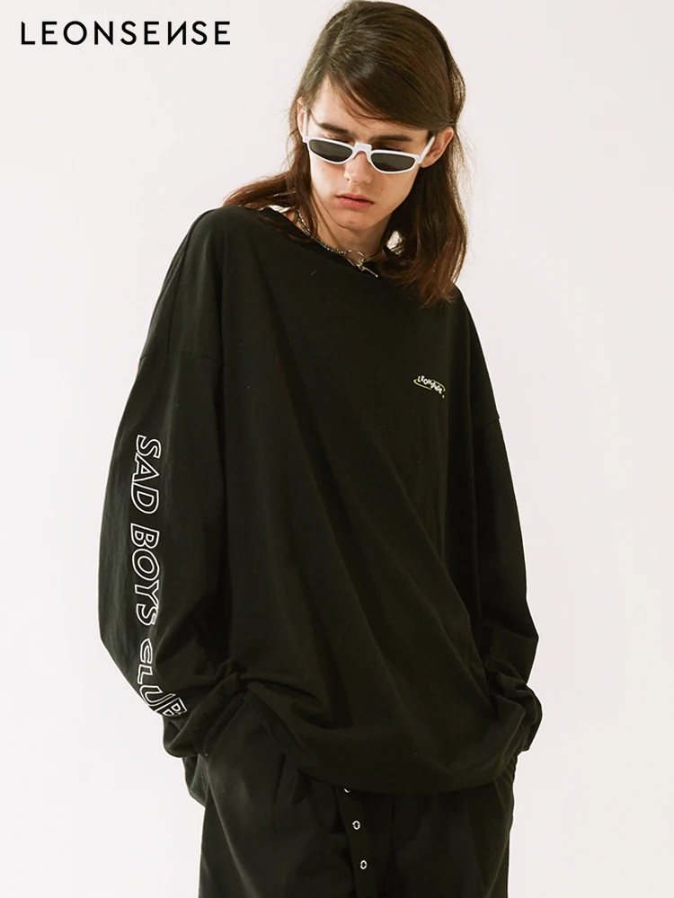 

LEONSENSE Men 3d T-shirt Printing Letter Ribbon Harajuku Cotton Long Sleeve Punk T Shirt Fashion Casual Cotton Loose Tops Tees