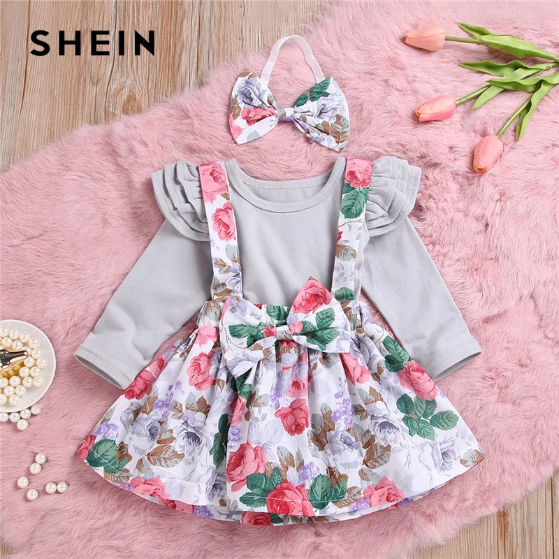 SHEIN Kiddie Baby Ruffle Trim Top And Floral Print Pinafore Skirt With Headband Kids 2019 Spring Long Sleeve Kids Clothes Sets SHEIN Kiddie Baby Ruffle Trim Top And Floral Print Pinafore Skirt With Headband Kids 2019 Spring Long Sleeve Kids Clothes Sets