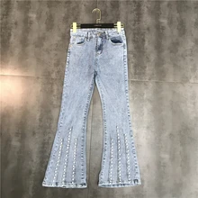 Весна Новая мода вертикальные Стразы бисером тонкие брюки, джинсы с яркой отделкой женские