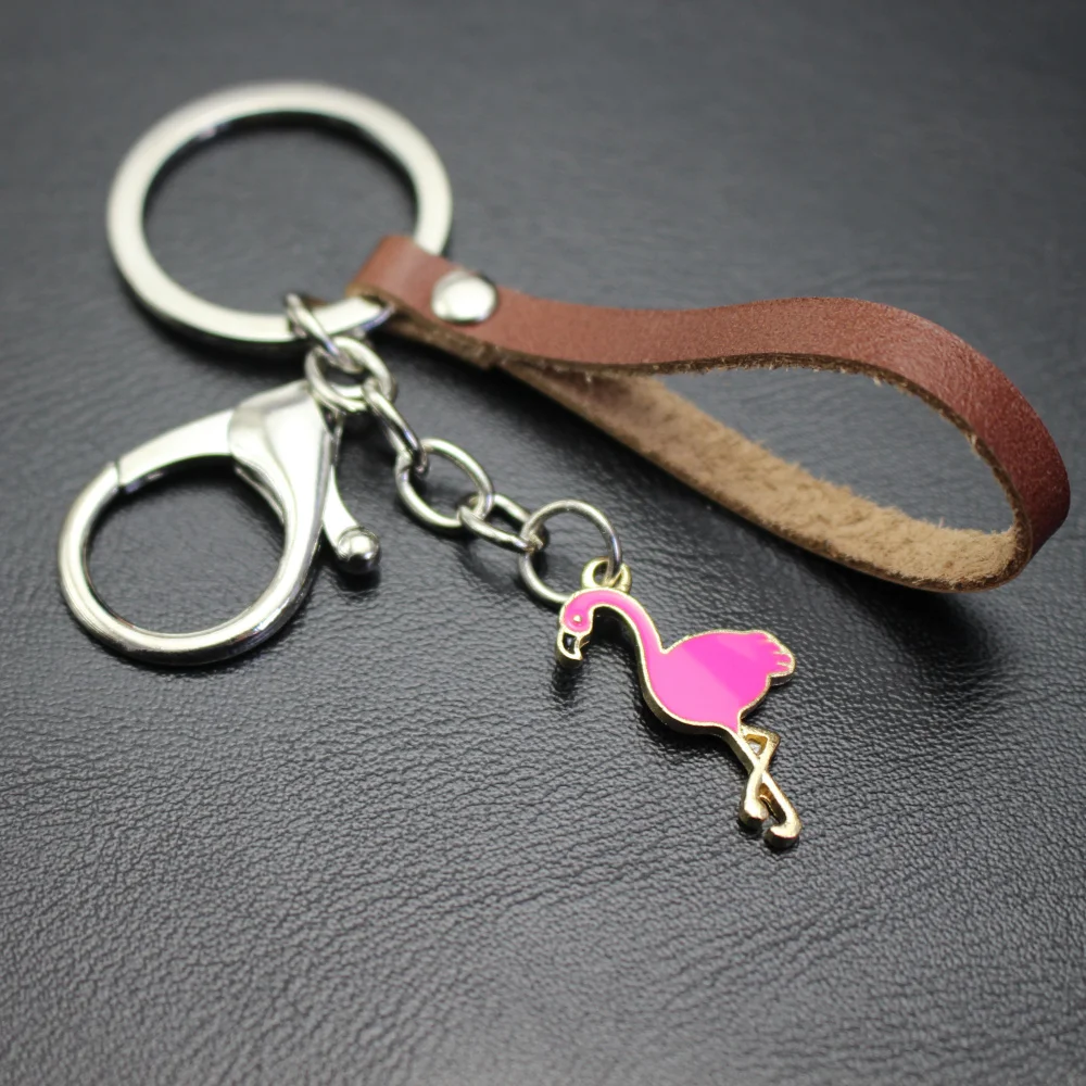 Cow Leather KeyChain Cute Miniature Flamingos Pendant Keyrings Car Key