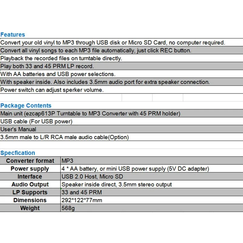Ezcap613P 33/45 об./мин. рекордер преобразует виниловые пластинки в MP3 конвертеры для сохранения музыки в USB флэш-накопитель/SD карты колонки