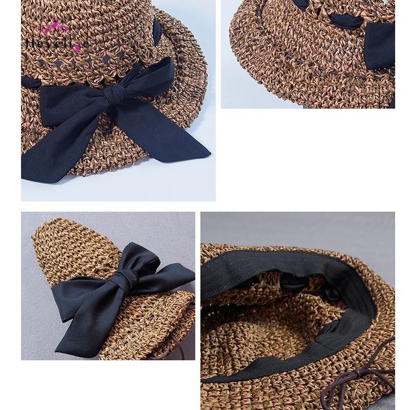 Новая соломенная Шляпы широкополые для женщин Для женщин ручной летом Для женщин Кепки с большим бантом Регулируемая краев пляжная модная