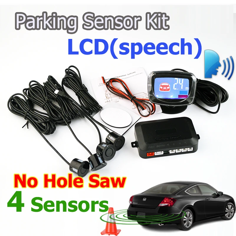 4 Sensors No Drill Hole Saw English Human Voice LCD Parking Sensor Kit