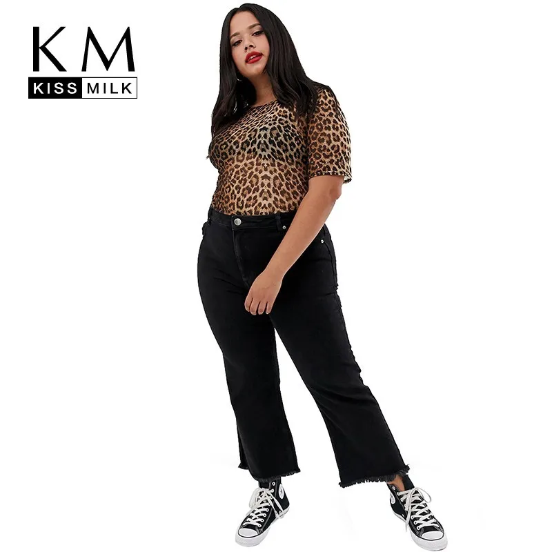 

Kissmilk 2019 New Fashion Plus Size Print Summer Casual Short Sleeve Tops Fit Tees Color Collision Leopard Bodycon T-shirt