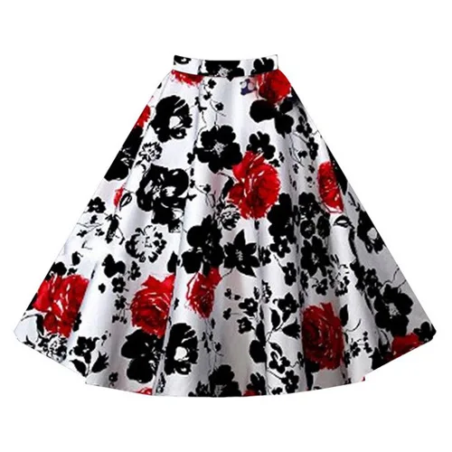 50s Vintage Woman Retro Red Rose Flower Bouquet Floral Print High Waist Midi Skirts Knee-Length Long Saia Feminina Ladies Skirt - Цвет: Picture color