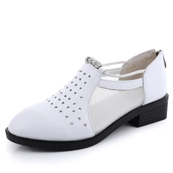

GKTINOO 2019 Summer Hollow Out Soft Genuine Leather Women Shoes Square High Heel Sandals Woman Pumps Plus Size Mesh Shoes