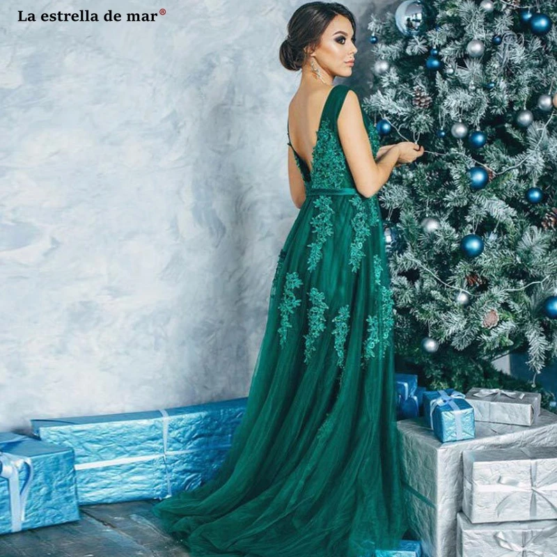 Vestido verde esmeralda 2021 Новый тюль с бисером сексуальный V образный вырез трапециевидная