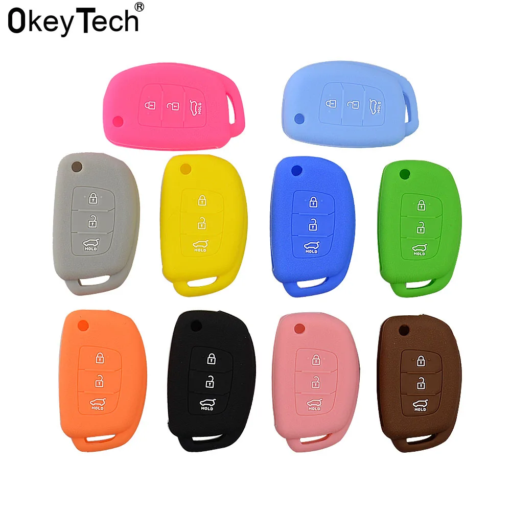 

OkeyTech 3 Button Silicone Car Key Cover Case For Hyundai Solaris ix35 ix45 ELANTRA Santa Fe HB20 Verna Solaris Rubber Key shell