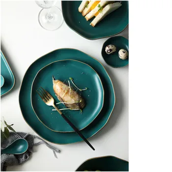 

Plate gold rim irregular dish home dining plate dark green ceramic cutlery set