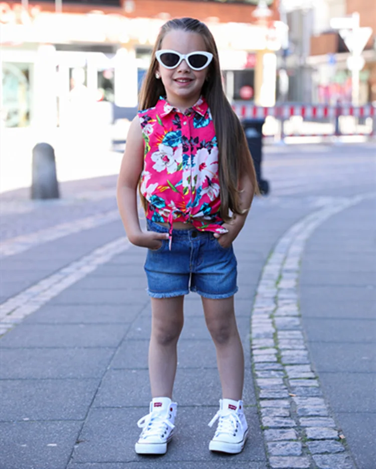 

Fashion Summer Girls Sets Floral Girl Tank + Jeans Shorts 2pcs Children Suit Kids Clothes