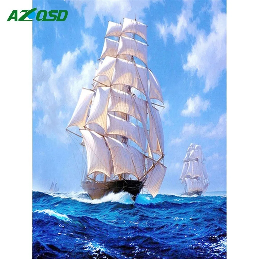 

AZQSD Diamond Painting Scenery Sea Decor Diamond Embroidery Ship Full Square/Round Diamond Mosaic Landscape Needlework Craft