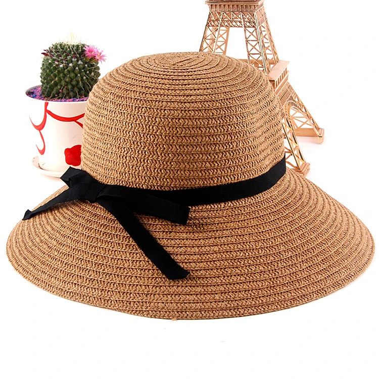Summer new fashion foldable sun straw bucket hat large brim pork pie hats for women beige coffee
