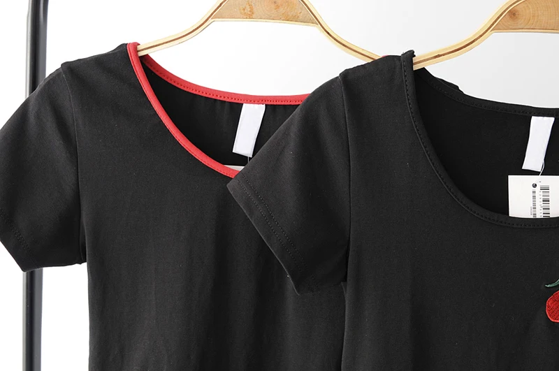 Women Short Sleeve Bodysuit with Embroidery cherry