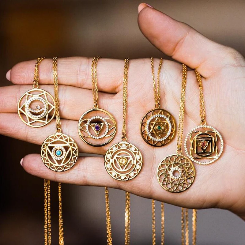 

Indian Yoga Necklace 7 Chakra Pendant Necklace Gold Color Chain Jewelry for Women Drop Shipping