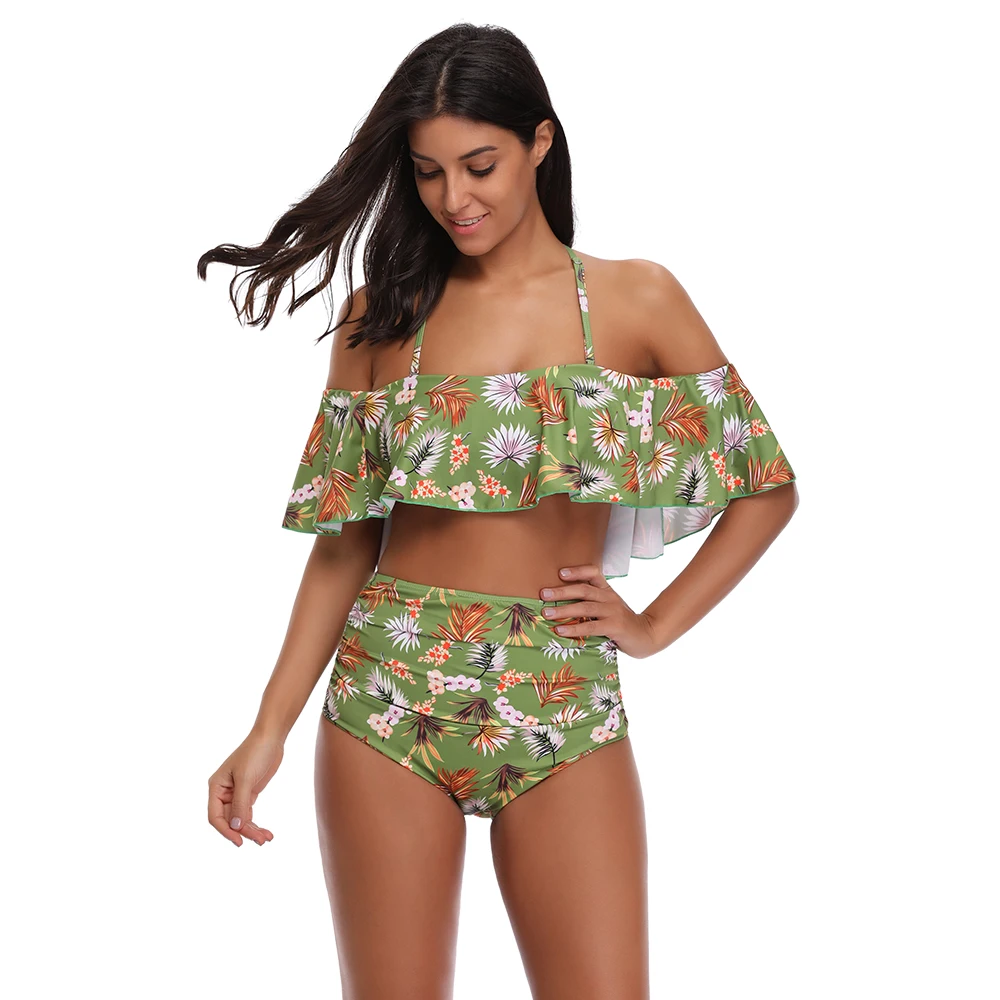 Günstige 2018 Sexy bikini Set Hohe Taille Bademode Frauen Gedruckt Swim Badeanzug Weiß Blau Badeanzug Vintage Bikinis