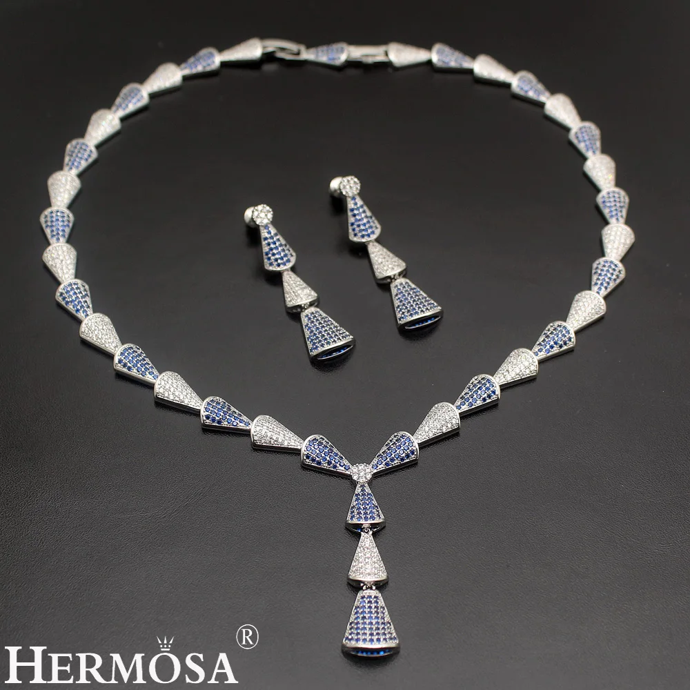 

HERMOSA jewelry New Wedding accessories Fashion 925 Sterling Silver blue Bamboo shape Necklace Earrings set ST84
