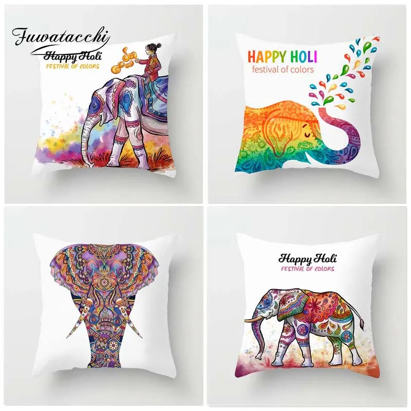 

Fuwatacchi Happy Holi Colorful Style Cushion Cover Rainbow Elephant Pillow Case Home Decorative Pillows Cover For Sofa Car