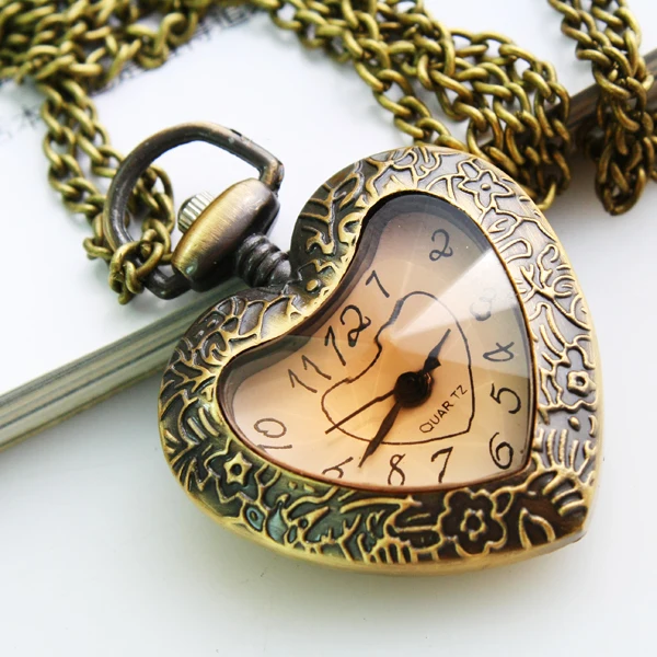 Модные Винтаж ретро кварцевые карманные часы Любовь в форме сердца стеклянные кулон свитер цепи часы цепочки и ожерелья подарки подарок