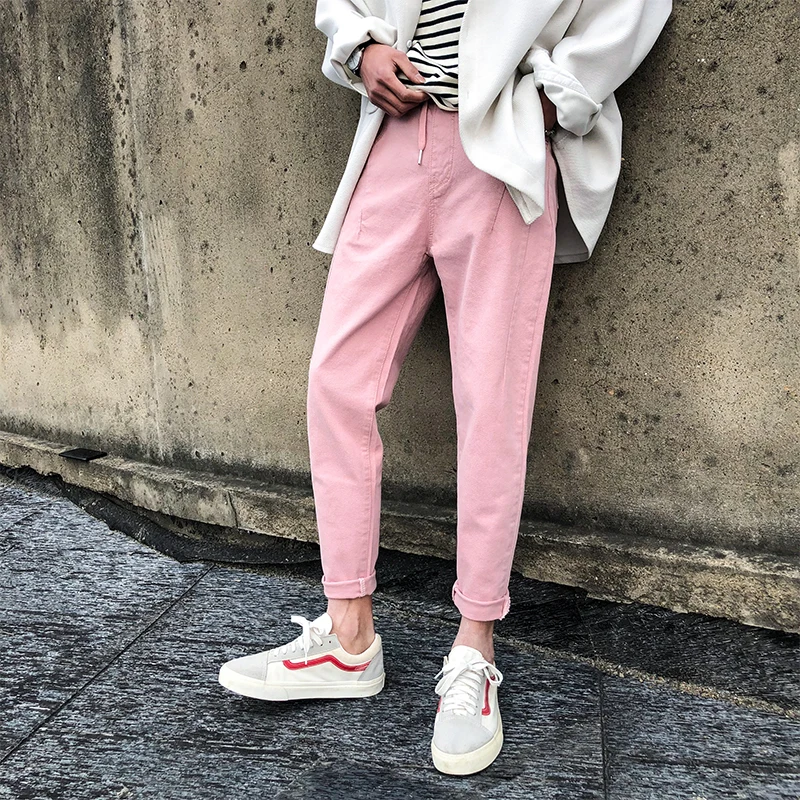 Весенние новые розовые джинсы мужские тонкие модные однотонные повседневные джинсовые штаны Мужская Уличная Хип-хоп ковбойские брюки мужская одежда - Цвет: pink colour