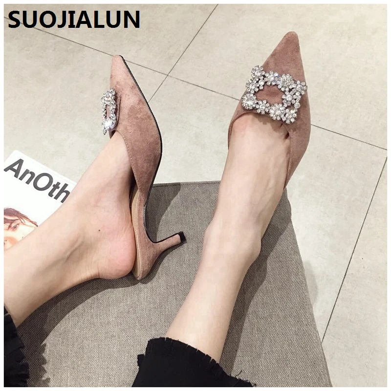 SUOJIALUN/2019 г. Весна на среднем каблуке шлёпанцы сандалии для девочек Женская обувь