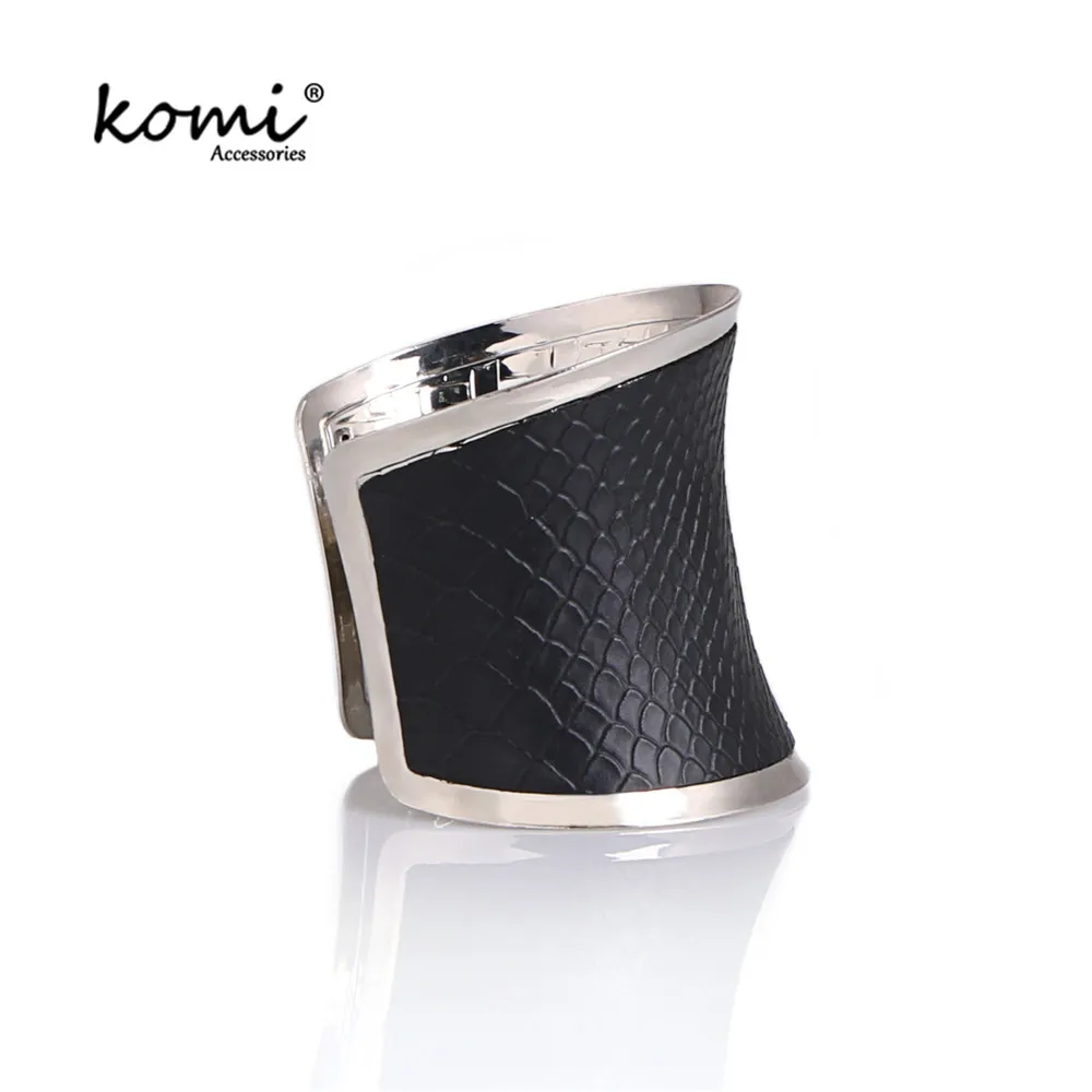 

KOMi High Quality Hyperbole Cuff Stainless Steel Bangle For Women Wide Black Leather Personality Fashion Man Jewelry MI-033