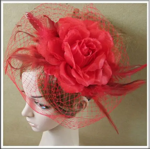 Красный цвет fascinators шляпы Свадебные Женские аксессуары для волос перо зажим для волос розы украшения хорошо, как Рождественский подарок msf161