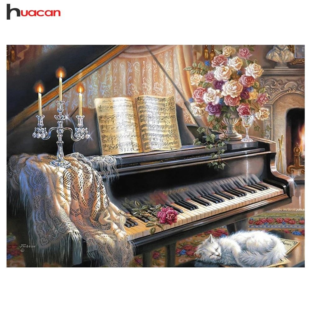 

Huacan 5D DIY Diamond Painting Cat And Piano Cross Stitch Diamond Embroidery Landscape Full Square Mosaic Rhinestones Home Decor