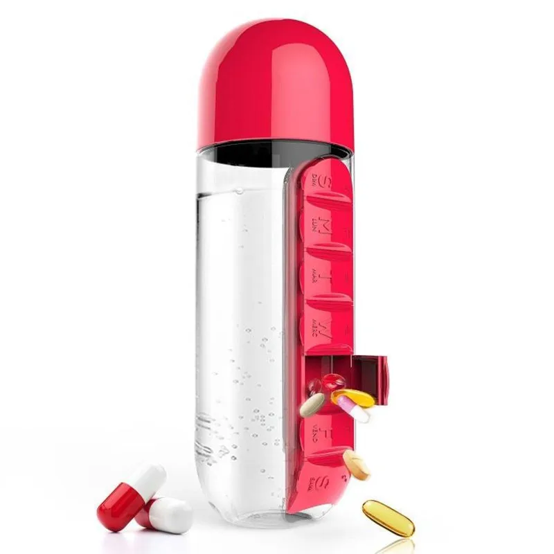 600 мл Спортивная пластиковая бутылка для воды, комбинированные ежедневные коробки для таблеток, органайзер, бутылки для питья, Герметичная Бутылка, стакан для улицы - Цвет: Red