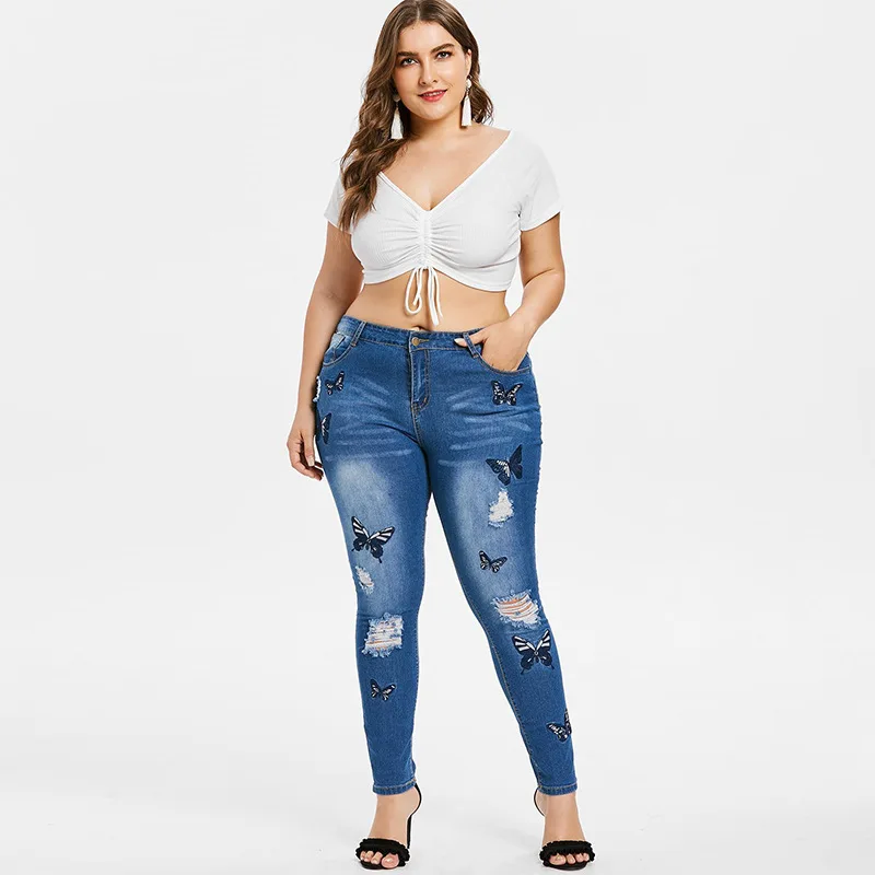 Casual XL Plus Size jeans women butterfly embroidery