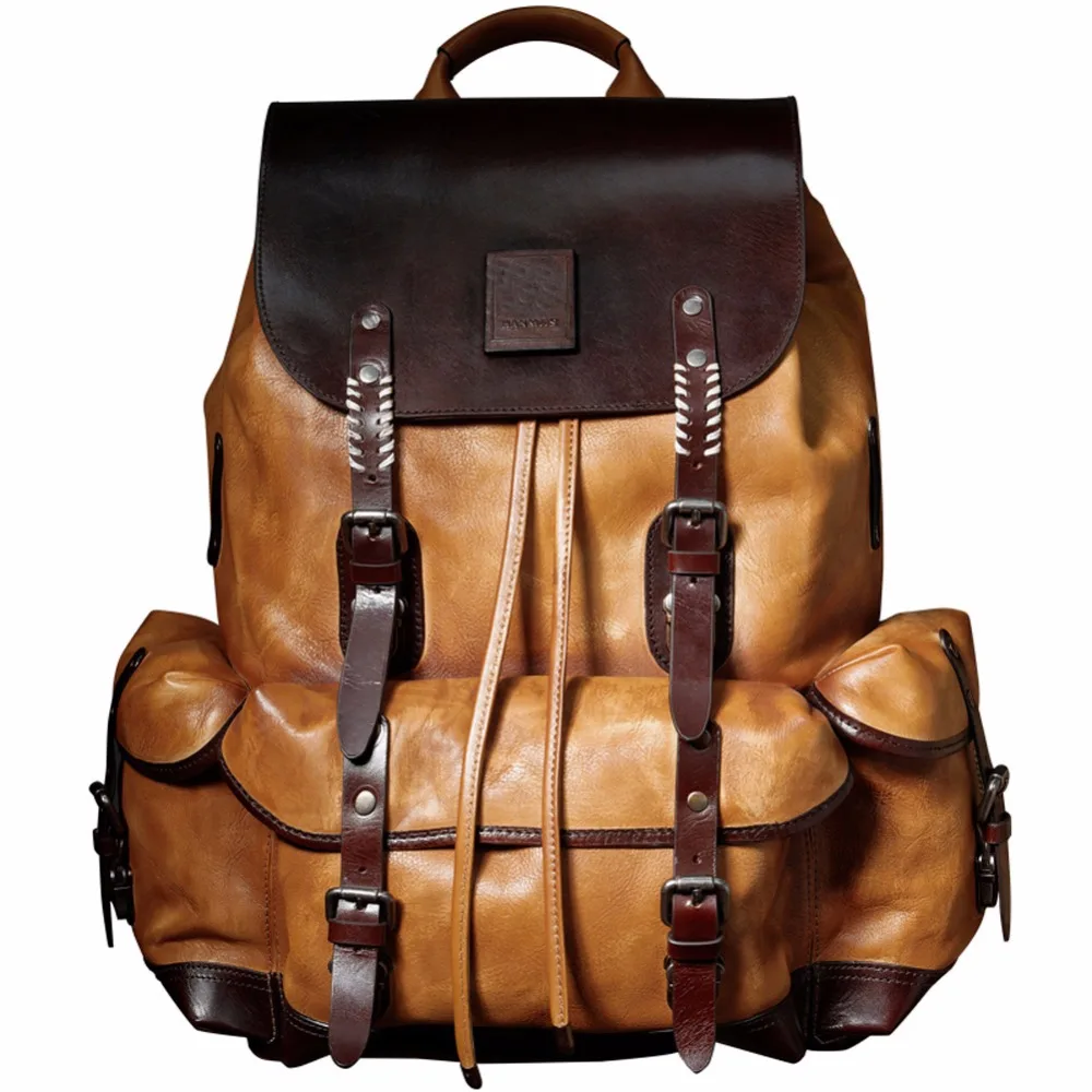 Роскошный рюкзак из коровьей кожи, Большой Вместительный мужской рюкзак для путешествий, альпинизма, ручной работы, на шнурке, несколько карманов, рюкзак, рюкзак