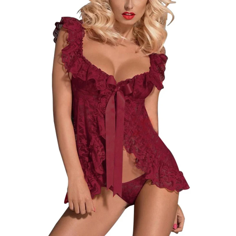 ETOSELL, Женская кружевная бандажная Пижама, сексуальная полупрозрачная одежда для сна, Дамская одежда для сна без рукавов, штаны для сна, искушение - Цвет: Wine Red