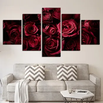 

Gohipang Modern Wall Art Poster HD Prints Pictures Frame Home Decoration 5 Pcs Red Rose Flowers Dark Background Canvas Painting