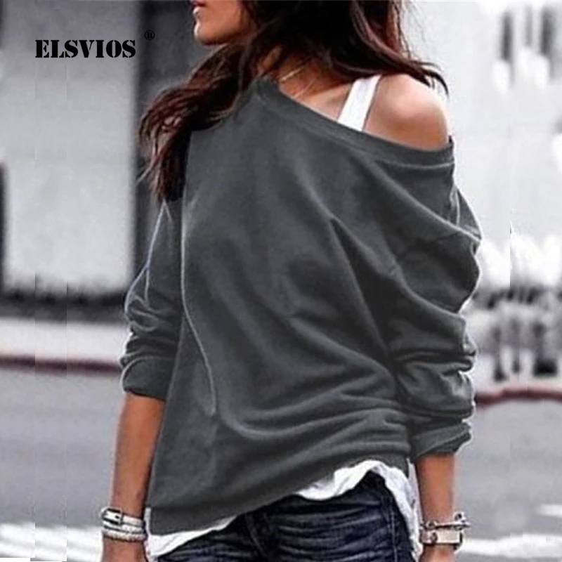 

ELSVIOS Sexy One Off Shoulder Hoodies sweatershirt 2018 Women Casual autumn winter solid color pullover Female tops plus size