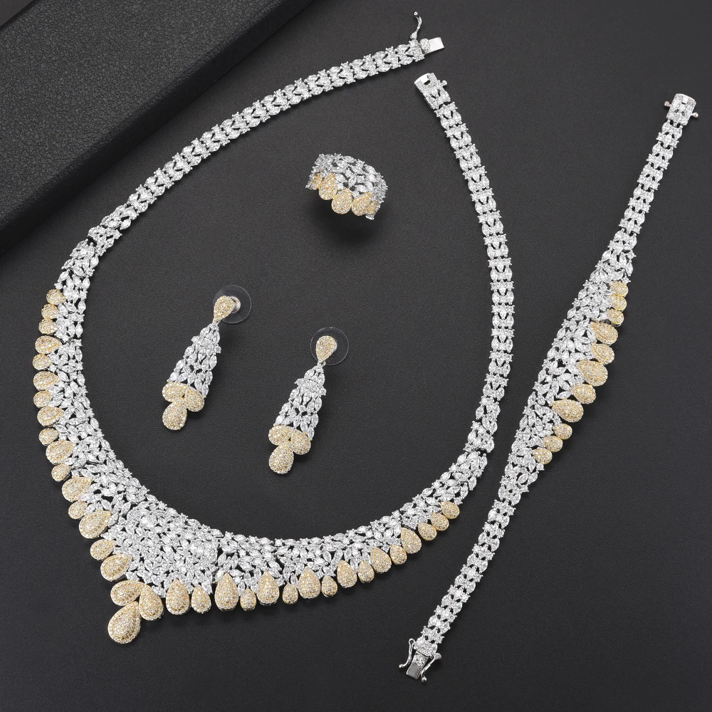 

4PCS Fashion Women Wedding Jewelry Sets Teardrop Shape Big Choker CZ Necklace Earrings Bracelet Ring Jewelry Sets For Bride