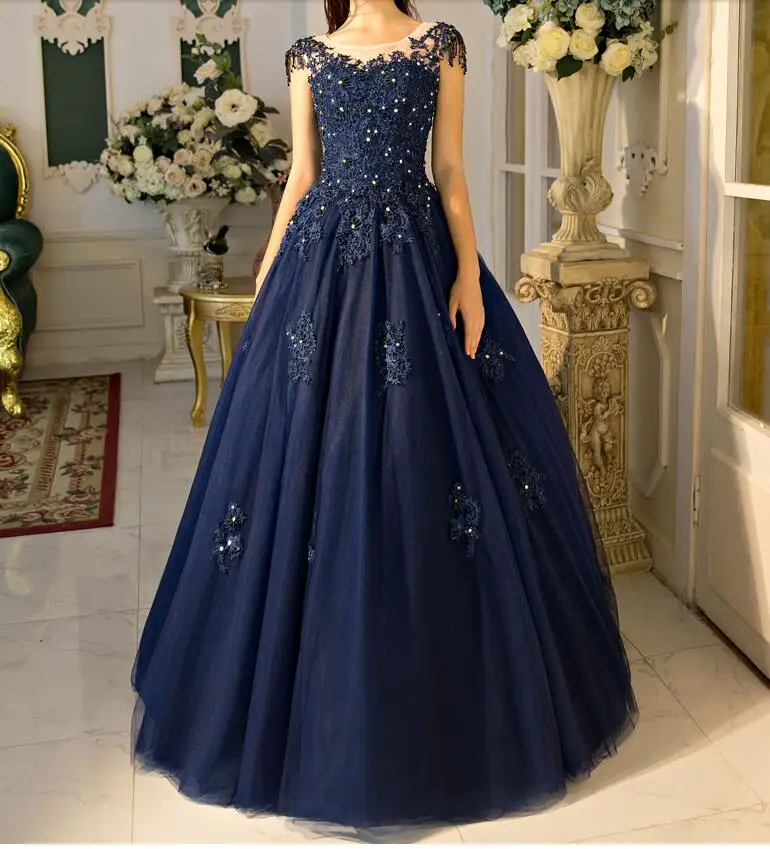 Navy Blue Ball Gown Prom Dresses 2017 Real Photos Cap ...