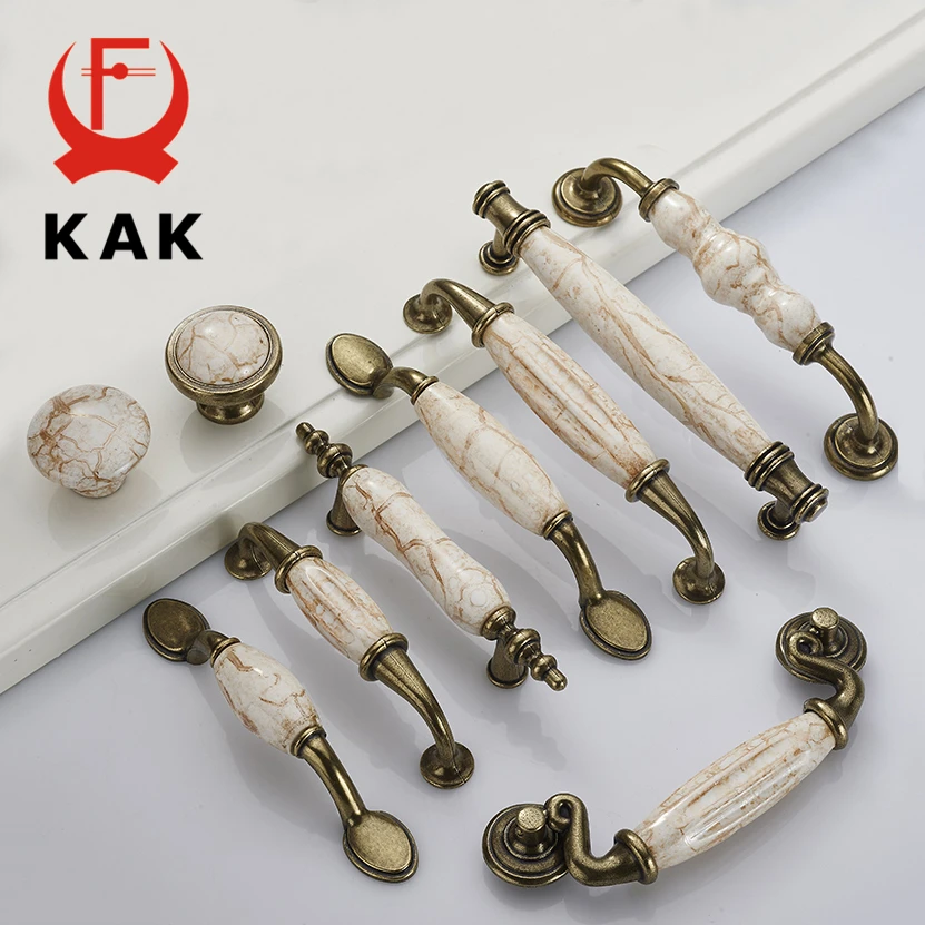 KAK 5pcs/lot Marble Lines Ceramic Cabinet Handles Zinc Alloy Drawer knobs Wardrobe Door Handles Antique Bronze Furniture Handle
