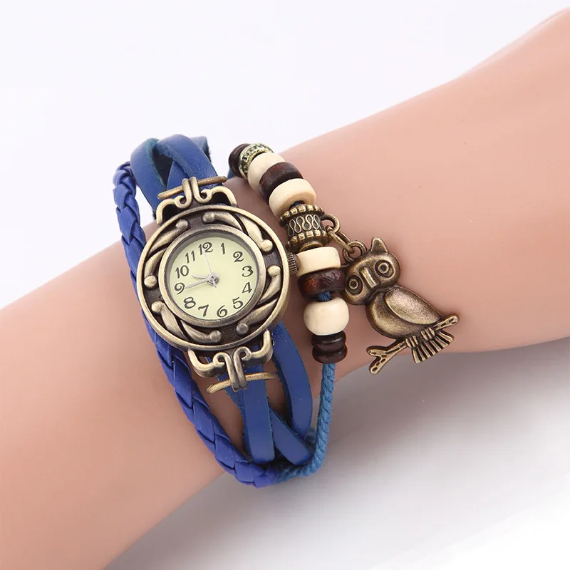 Горячее предложение Ретро Повседневное сова кулон реального кожаный ремешок браслет наручные часы для Обувь для девочек Для женщин часы