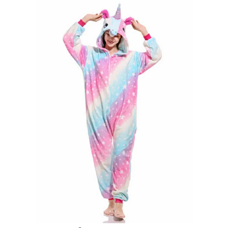 Onesie/ ; Пижама кигуруми в виде животных; комбинезон с единорогом; унисекс; женская одежда для сна с капюшоном; зимняя Фланелевая пижама с жирафом для взрослых - Цвет: star sky unicorn