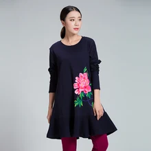 Осенне-зимняя женская китайский стиль, ручная работа, окрашенная длинная футболка, плюс размер, свободная посадка, футболки с оборками из чистого хлопка, плюс размер, XL-XXXXXL