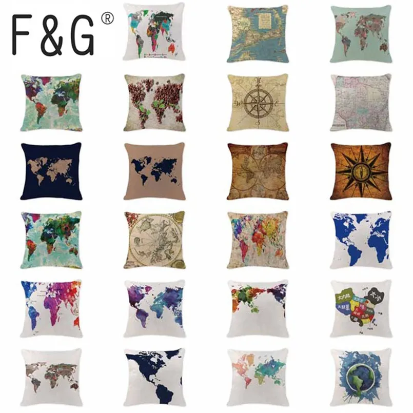 

Hot Sale Pillow Cushion Case Scandinavian World Map Throw Pillows Farmhouse Large18 Cotton Linen Housew Decor Pillow Case