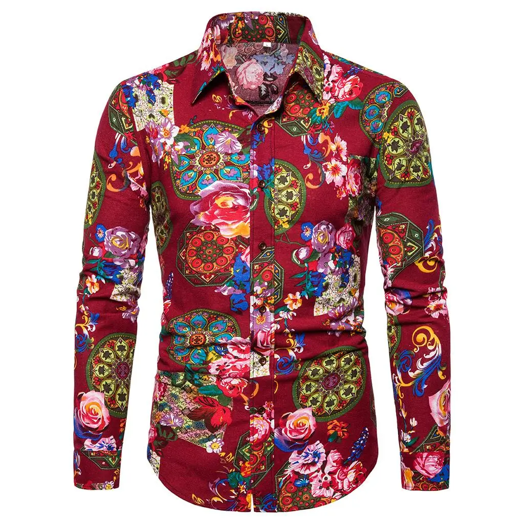

Long-sleeved Social Shirt for Men Flower Casual Blouse Men Linen Shirts Men's clothing Linen Slim Fit Red