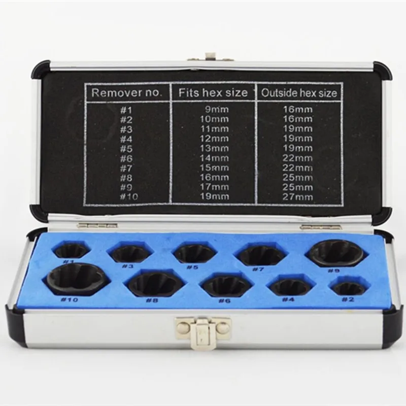 

10pcs Damaged Nut Bolt Remover Stud Extractor Set (9-19mm) Broken Bolt Removal Kit Black Metric Locking Socket Hand Tools Set