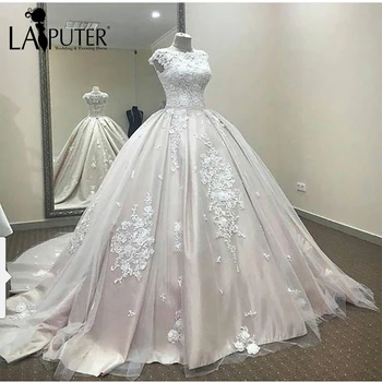 

Hot Sale Scoop Neck Cap Sleeves Beaded Lace Appliques Court Train Buttons Back Ball Gown Satin Tulle Wedding Dresses 2017